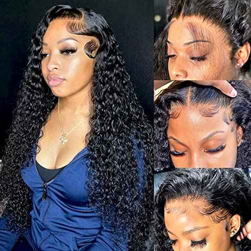 Deep Wave Lace Front Wigs Human Hair 180 Density 13x4 HD Transparent Frontal Wigs Human Hair for Women Deep Curly Glueless Wigs Human Hair Pre Plucked with Baby Hair 24Inch