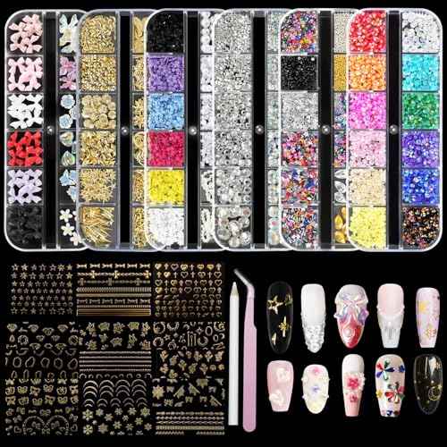 6 Boxes Nails Charms, 15 Sheets Gold Stickers, Shiny Colorful Nail Art Rhinestones Kit, 3D Nail Gems, Decals, Stickers and Pearls, Dotting Tools, DIY Accessories, Nails Decoration