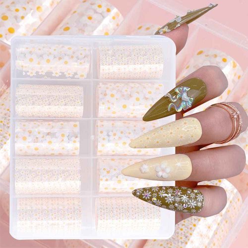 UARUOGP 10 Rolls Mix Size White Sun Flower Transfer Foils Nail Art Supplies Set Mini Flower Nails Decals Stickers for Art Designer Spring Summer Floral Theme Nail Foil Transfer Sheets