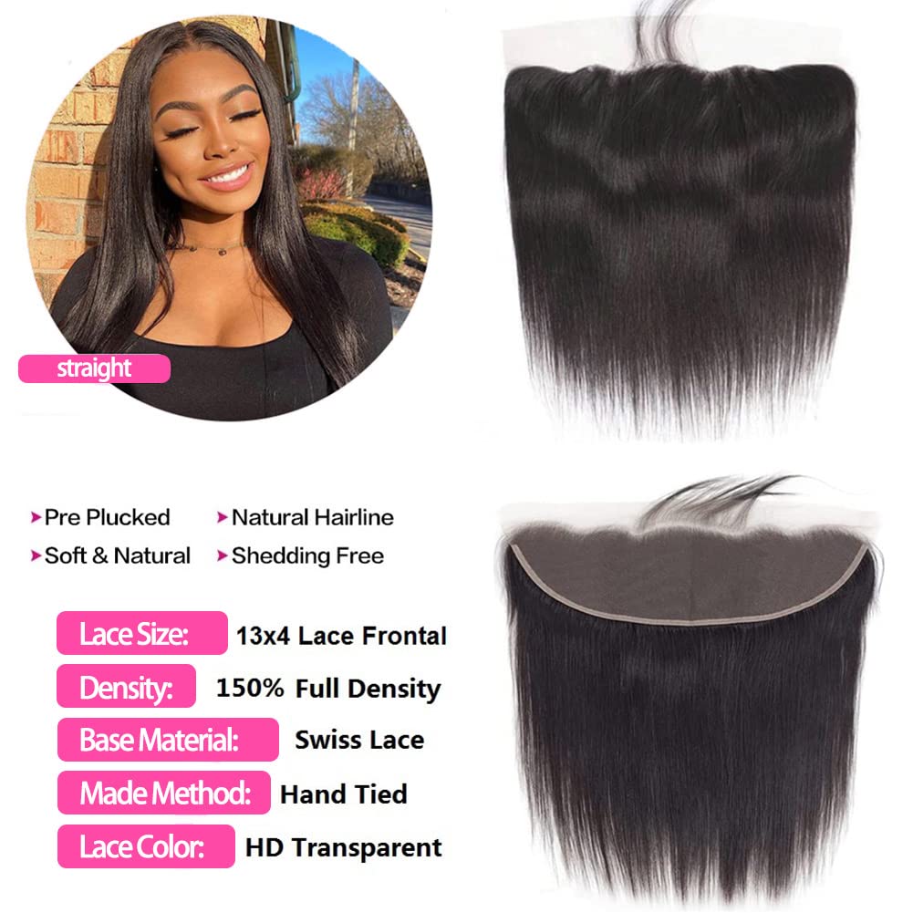 13x4 HD Lace Frontal Closure 16 Inch Straight Lace Frontal Human Hair Swiss HD Transparent Lace Frontal Only 100% Unprocessed Brazilian Virgin Hair Ear to Ear Lace Frontal Closure Pre Plucked 1B Black