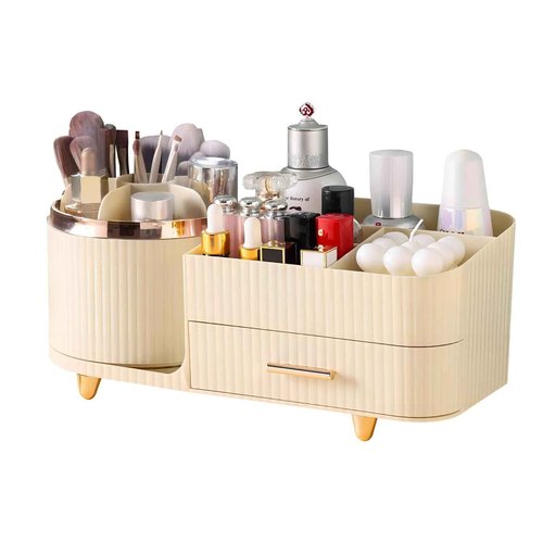 DASITON 360° Rotating Makeup Organizer with Drawers-Large Capacity Cosmetic Display Case for Skincare,Brushes,Eyeshadow&Lipstick(Cream)