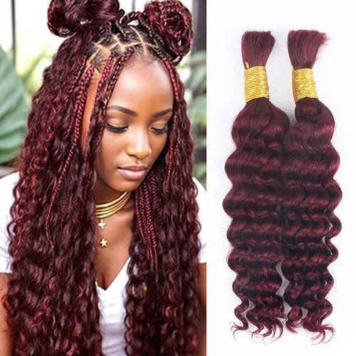 Deep Curly Human Braiding Hair for Boho Braids Burgundy Deep Water Wave Human Hair Braiding Hair No Weft Hair Bundles for Bohemian Knotless Braids 20 22 Inch Bulk Human Hair for Braiding 50g/Bundle