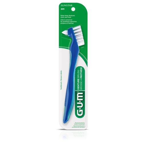 GUM Denture Brush - Dual Headed Hard Bristle Toothbrush for Dentures & Acrylic Retainers - Dentist Recommended Denture Cleaner 1ct (Pack of 6)