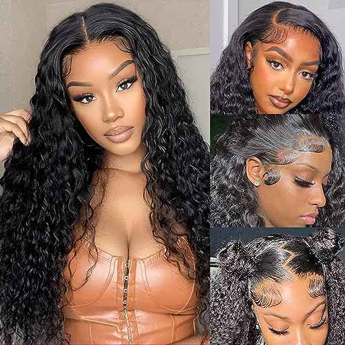 Deep Wave Lace Front Wigs Human Hair Pre Plucked 180% Density 13x4 HD Transparent Deep Curly Lace Frontal Wigs Human Hair Glueless Wigs Human Hair Lace Front Wigs with Baby Hair Natural Color 22 Inch