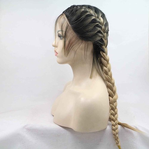 xiweiya wigs Brown with Dark Root Double Braids Synthetic Braided Lace Front Wig with Baby Hair Heat Resistant Fiber Middle Part for Women,Drag Queen Family Party Cosplay 24 inch