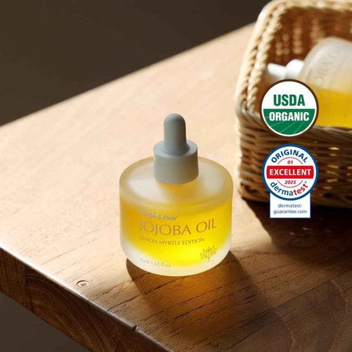 ROUGH & RAW USDA Organic Jojoba Oil with Lemon Myrtle -100% Pure Cold Pressed Unrefined Golden Jojoba for Face, Body, Hair & Nails - Fresh Citrus Scent, Vegan, Cruelty-Free (1.52 fl.oz)