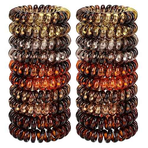 JessLab Spiral Hair Ties, 20 Pcs Traceless Phone Cord Hair Ties No Crease Spiral Bracelet Plastic Coil Ponytail Holders No-Damage Headband Hair Accessory for Girls Women Ladies Gift (Amber)