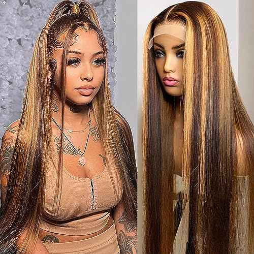 Lemoda Outlet Deals 13x6 Highlight Ombre Lace Front Wig Human Hair 180 Density 24 Inch Straight Transparent Lace Pre Plucked Honey Blonde Human Hair Wigs for Women P4/27 Color