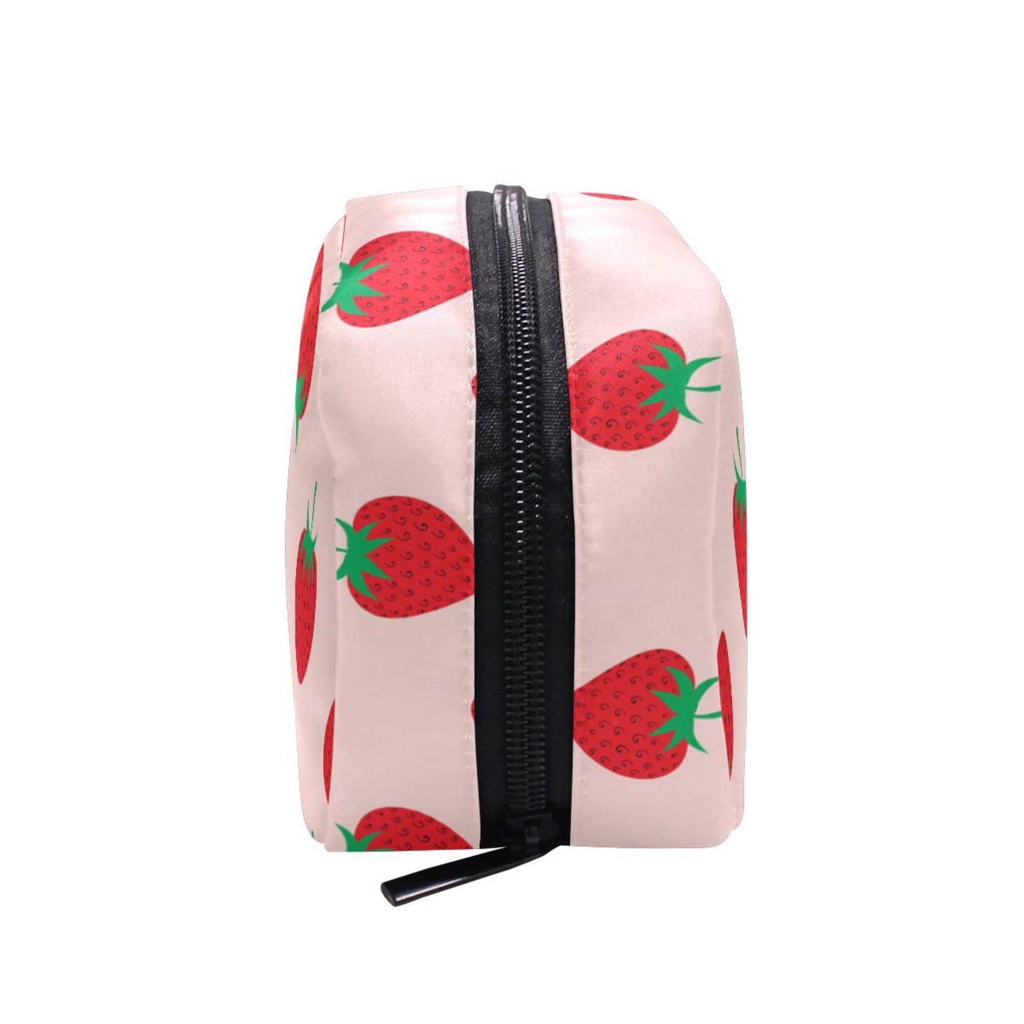 JHKKU Makeup Bag Strawberry Print Square Cosmetic Bag Portable Travel Toiletry Bag Black Zipper Storage Bag for Women