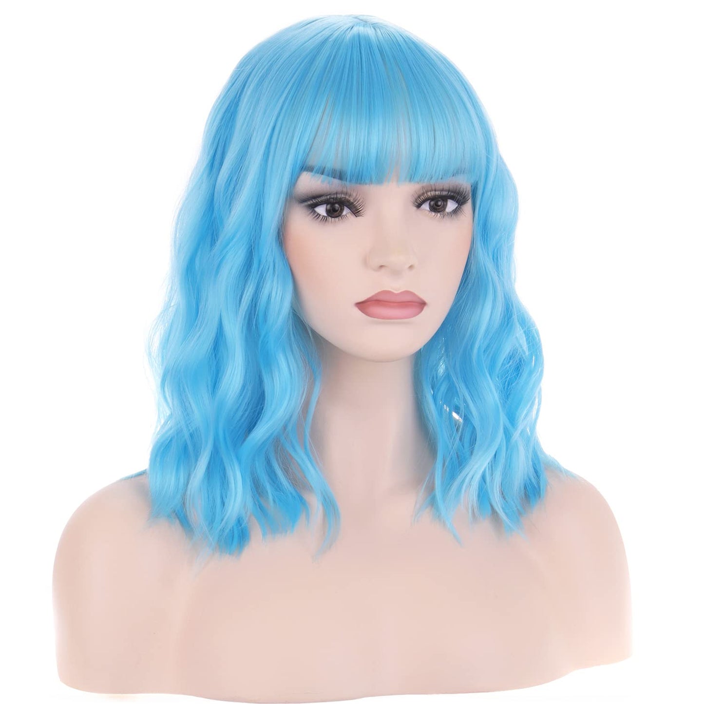 BERON 14 Inches Blue Wig Short Curly Wig with Bangs Women Girl's Charming Wig Sky Blue Wig Synthetic Wig with Wig Cap