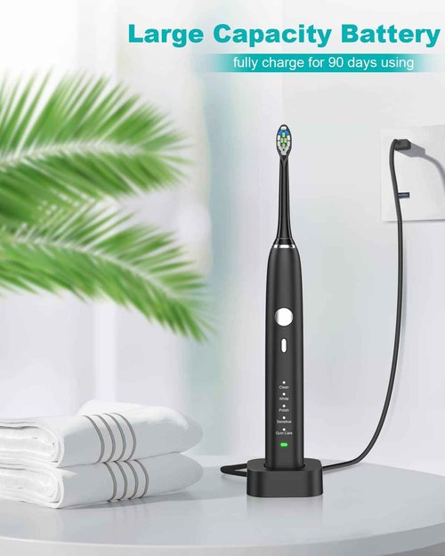 HUACO CARE Sonic Electric Toothbrush,5 Modes 3 Intensities with 2 Minutes Timer,One Charge for 90 Days,Rechargeable Toothbrush,Wireless Charge with 4 Replacement Brush Heads for Adults and Kids Black