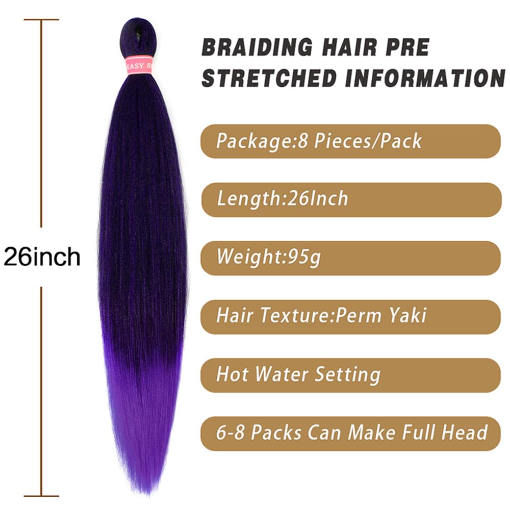 AQINBEL 8PCS/Pack 26 Inches Pre-stretched Braiding Hair Itch Free Synthetic Fiber Crochet Twist Braids Yaki texture Braiding Hair Extensions (1B/Purple#)