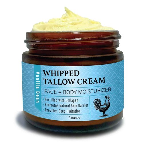 Pollo Gold Whipped Chicken Tallow Cream – Collagen-Rich Organic Face & Body Moisturizer with Olive & Essential Oils | Handmade in USA | For All Skin Types – 2 oz (Vanilla Bean)