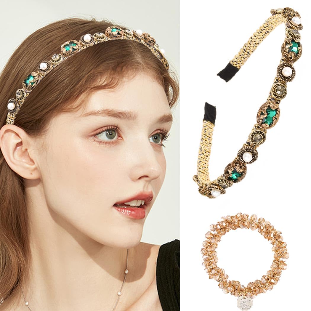 Coridy Gold Baroque Headbands Thin Rhinestones Hairbands Emeralds Hair Hoop Beaded Hair Ties Bejewelled Embellished Head bands (Fashion)