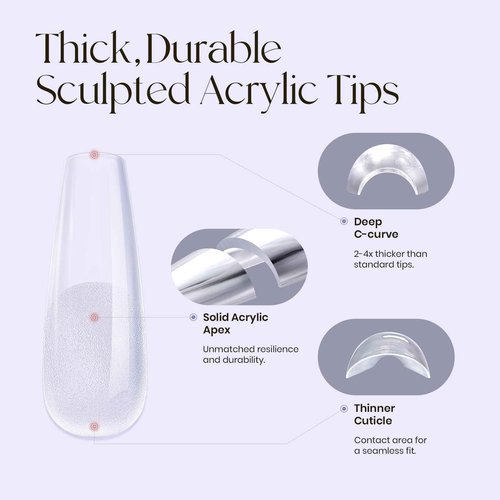 Five Angeles Tipex Instant Apex Gel Nail Tips Kit – 500pcs Pre-Etched Sculpted Long Coffin Acrylic Nail Tips, Thicker Full Cover Press-On Nails for Flat Nails, 30g/1.06oz UV Nail Glue Included