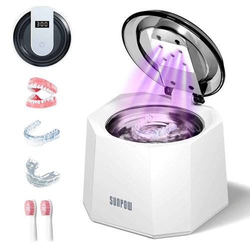 SUNPOW Ultrasonic Retainer Cleaner - 48kHz Retainer Cleaner Machine with 5 UV Lights for Dentures，Night Guards, Mouth Guards- 220ML Dental Cleaning Pod Upgrade Design