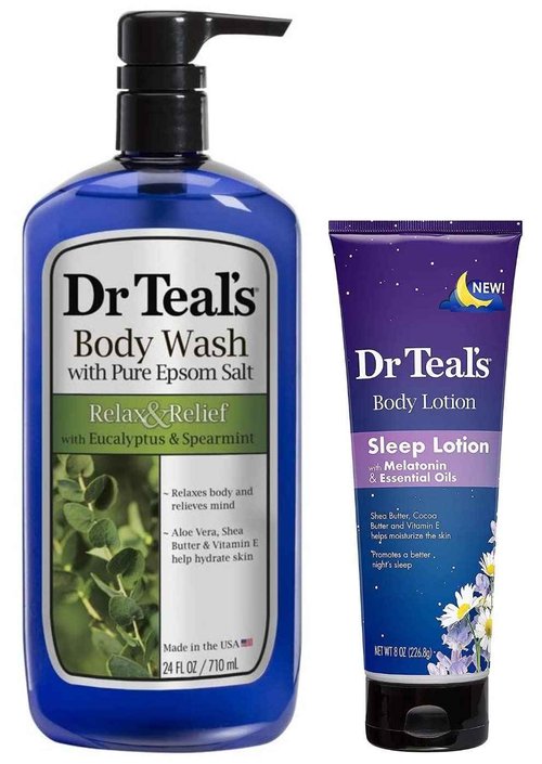 Dr Teal's Body Wash and Lotion Combo Pack, Eucalyptus & Spearmint Foaming Body Wash (24 fl oz) and Night Time Therapy Melatonin Body Lotion (8 oz). Treat your skin, your senses, and your stress.