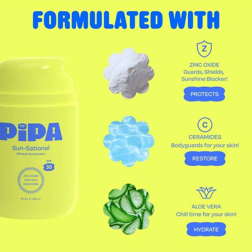 Pipa Sun-Sational 100% Back to School Mineral Daily Sunscreen SPF 30, 50 ml | Liquid Everyday Face Lotion with Zinc Oxide | Unscented & Gentle for Sensitive Skin | Kids & Tweens Skin Care