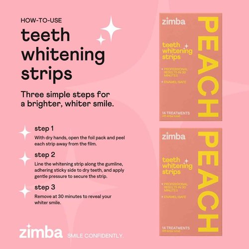 Zimba Teeth Whitening Strips for Teeth Sensitive, White Strips for Teeth Whitening, Teeth Whitener Stain Remover 28 White Strips Included Per Pack, 2 Pack (14 Day Treatment), Mint and Peach