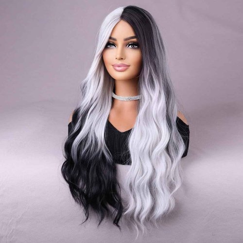 MAGQOO Black White Wig for Women Long Curly Wavy Black White Wig Middle Part Synthetic Heat Resistant Halloween Cosplay Costume Party Wig