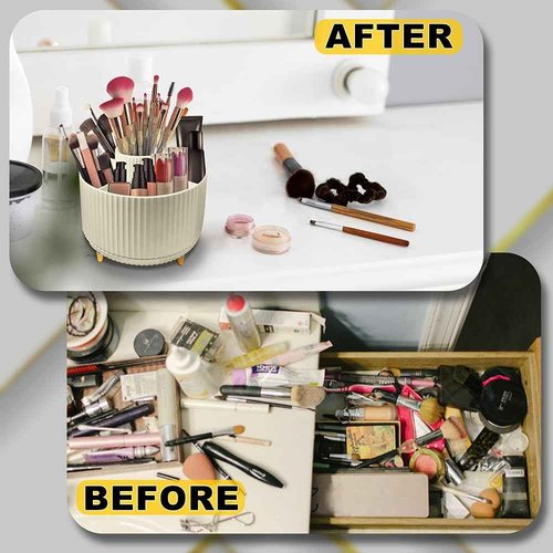 PILOMA Makeup Brush Holder Organizer – 360° Rotating Makeup Brush Organizer - 5 Large Compartment Cosmetic Organizer -Eyeliner, Nail Polish, Art Supply, Bathroom Vanity Desktop Organizer (Cream)