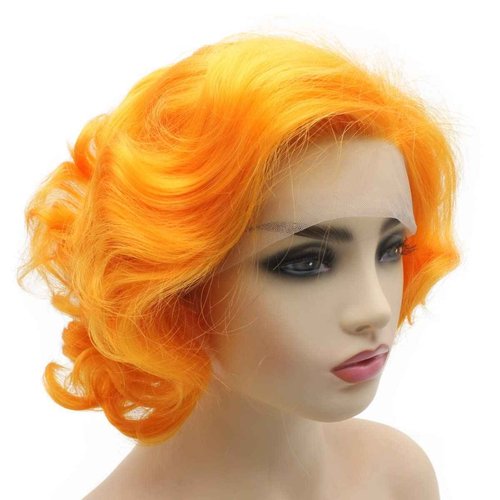 Peakia Short Wavy Wig Orange Half Hand Tied Lace Frontal Wigs Synthetic