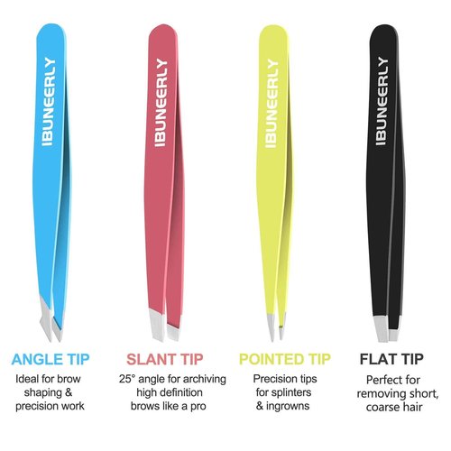 iBuneerly Eyebrows Tweezers Set, 4Pcs Stainless Steel Tweezers for Women with Travel Case, Great Precision for Ingrown Hair, Facial Hair and Splinter Removal