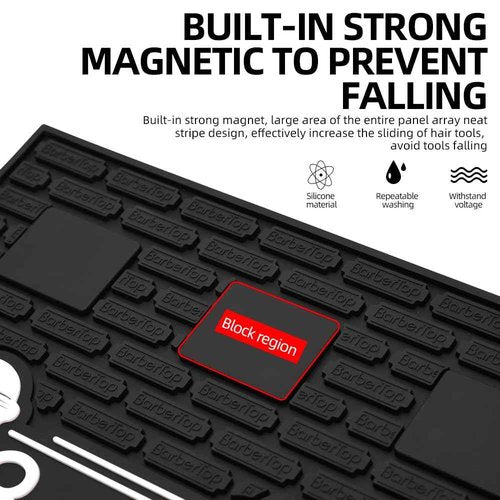Magnetic Barber Mat for Clippers, 17.7 x 11.8 in, 4 Strong Magnetic Organizer Stations for Heavy Clippers and Trimmers, Professional Anti-Slip Rubber Heat Resistant Barber Table Mat for Hairstylist