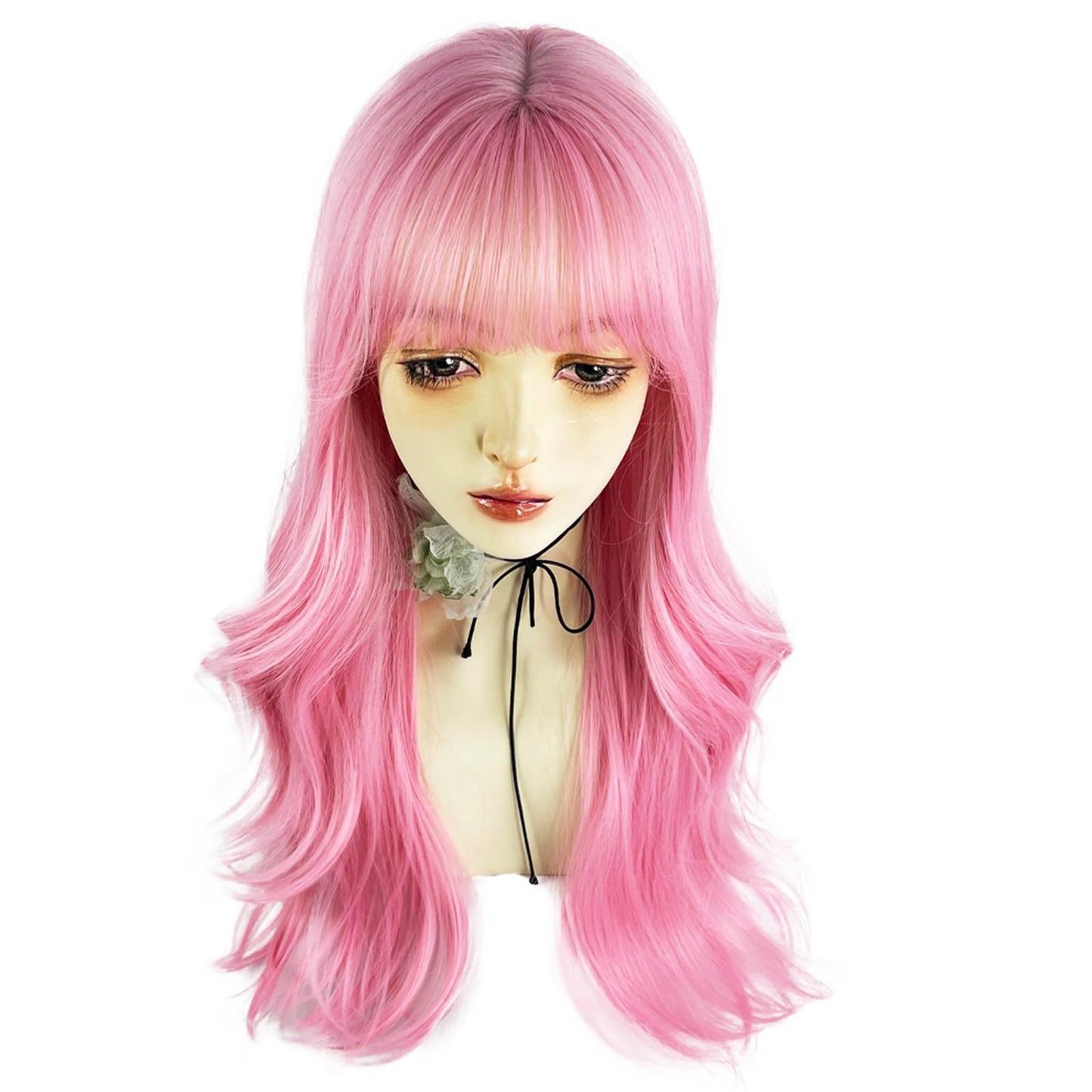 WKLOUYHE Pink Long Wavy Wigs with Bangs for Women Loose Wavy Wig Curly Wavy Synthetic Cosplay Wig for Girl Colorful Costume Wigs