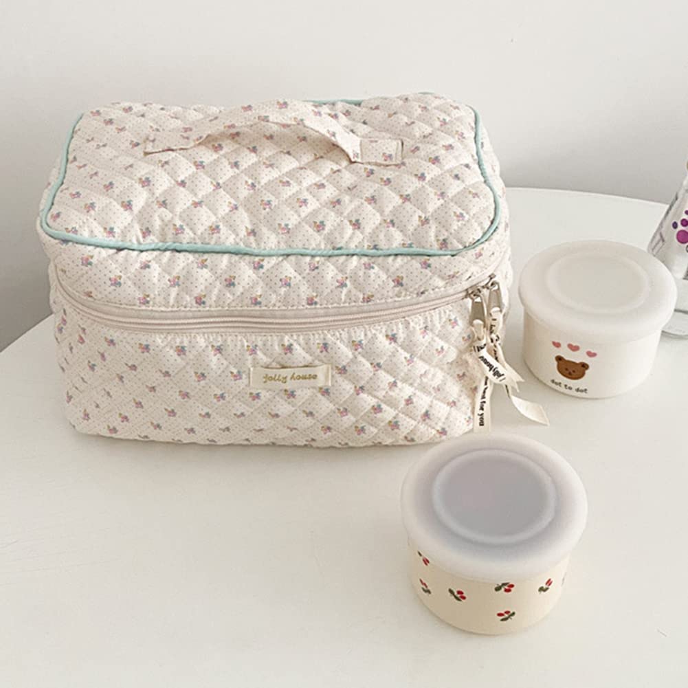 Lushandy 3 Pcs Quilted Floral Makeup Bag Set Cute Cosmetic Bag Coquette Aesthetic Makeup Bag Large Travel Makeup Organizer Toiletry Bag