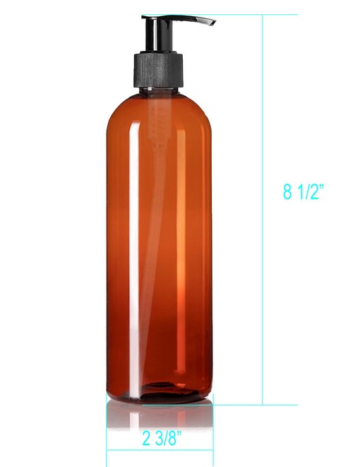 ljdeals 16 oz Amber Plastic Bottles with Pumps, Soap Dispenser, Slim, Tall Squeezable Refillable Containers for Shampoo, Lotion, Cream and More… Pack of 2, BPA Free, Made in USA