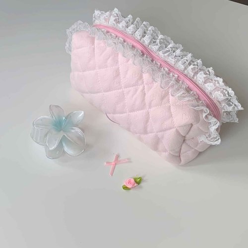 SINOKAME Handmade Pink Cute Quilted Makeup Bag, Lace Coquette Cosmetic Bag Fluffy Soft Reusable Toiletry Pouches Organizer, Reusable Washable Bags for Women Gifts(sweet angel)