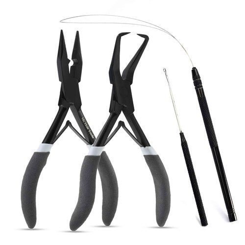 My Hair Tools Hair Extension Tools Kit Includes Micro Beads Remover & Crimping Pliers set, Stainless Steel Micro Rings Pulling Hook & Loop Tool Packed in Soft Case (Black with Rubber Grip)