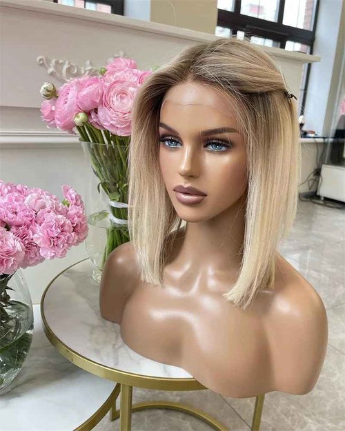 21AE Ombre Blonde Wigs for Black Women T4/613 Blonde Bob Hair Cut Dark Roots HD Transparent Lace Front Wigs with Baby Hair Pre plucked Silky Straight Japanese Synthetic Wigs