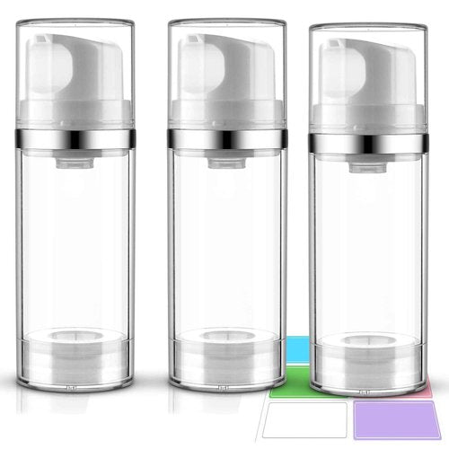 Decorniqu Airless Pump Bottles 3.4oz/100ml 3 Pack Lotion Dispenser Travel Pump Bottles for Toiletries Airless Cosmetic Pump Container Airless Pump Jar for Toiletries Shampoo Cream with Labels(Clear)