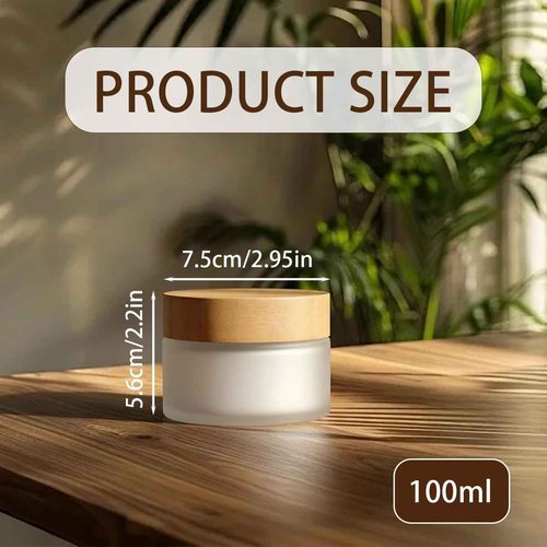 1Pcs Round Frosted Glass Cream Jar Glass Bottle with Inner Liners and Environmental Bamboo Lids Empty Makeup Container Dispenser Pots for Cream Lotion DIY Beauty Items Travel Size 100g/100ml
