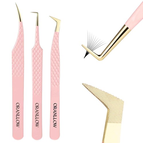 Oranllow Lash Tweezers Set for Eyelash Extensions - 3 Precision Fiber Tip Diamond Grip, Volume,L-shape Boot, 90 Degree Lash Tweezers for Volume Classic Lashes Premade Fans (3)