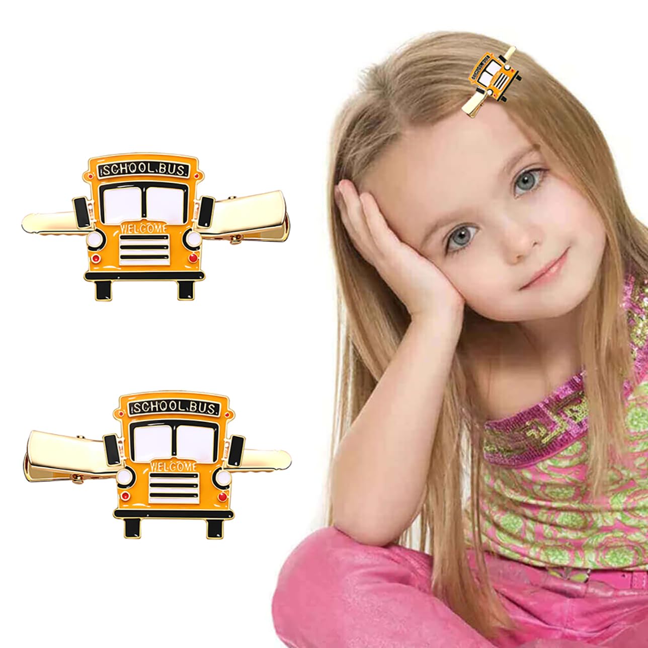 Back to School Hair Clips,Cute Schoolbag Book Hair Clips School Bus Hairpins Back-to-school Gifts Fun Hair Accessories for Teacher Students (2Pairs Ap-ple,School bus)