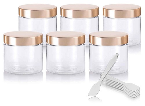 JUVITUS 4 oz / 120 ml Clear PET Plastic (BPA Free) Refillable Jar with Gold Metal Overshell Lid (6 Pack) + Spatulas