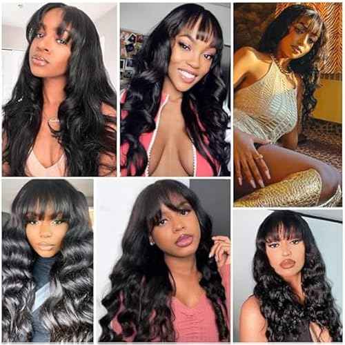 ROSELINE Body Wave Wigs with Bangs Human Hair Wigs for Black Women None Lace Front Wigs 150% Density Brazilian Virgin Hair Glueless Wig Natural Color 26inch
