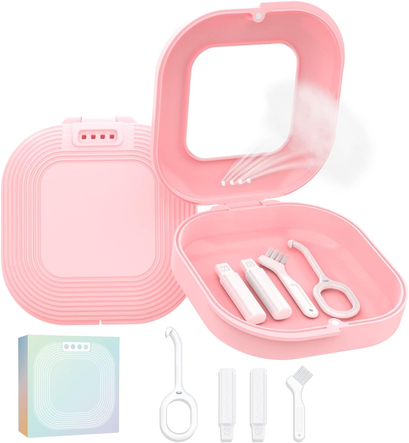 HEMILAB® Retainer Case with Mirror, Slim Aligner Case with Vent Holes, Compatible with Invisalign, Mouth Guard Case, Cute Retainer Case with Retainer Removal Tool, Chewies and Brush, Pink