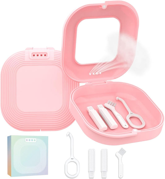 HEMILAB® Retainer Case with Mirror, Slim Aligner Case with Vent Holes, Compatible with Invisalign, Mouth Guard Case, Cute Retainer Case with Retainer Removal Tool, Chewies and Brush, Pink