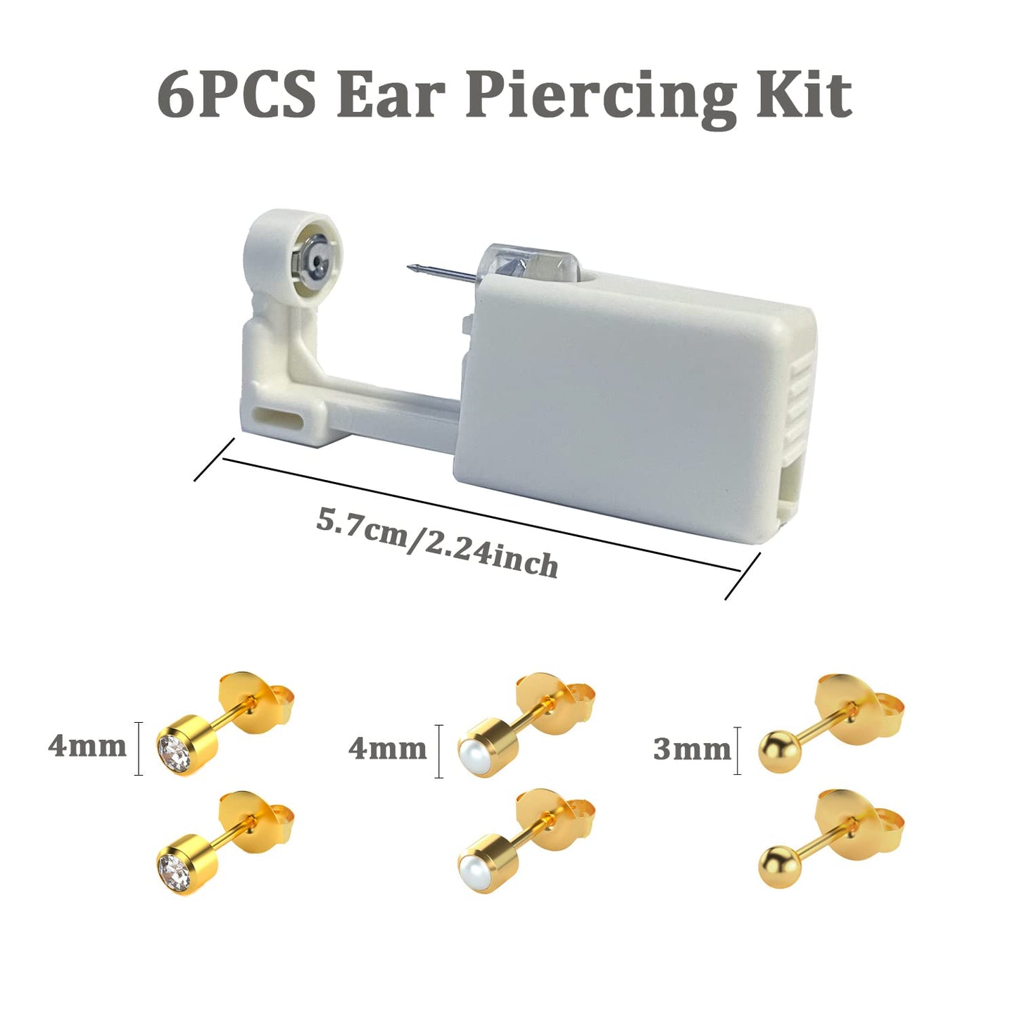 Howinn 6PCS Disposable Self Ear Piercing Kit Gold Stainless Steel Ear Piercing Gun Kit With Studs 3mm 4mm