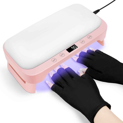 UV Nail Lamp with Arm Rest & UV Gloves, Professional LED Nail Light for Gel Nails Polish, 4 Timers Foldable Nail Dryer with Hand Rest for Nails Tech Manicure Salon Home Use Pink