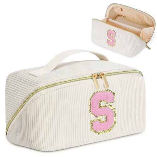 DTBG Personalized Initial Makeup Bag,Christmas Gifts for Girl,Preppy Bag Cosmetic Travel Bag Women,Travel Toiletry Organizer,Large Capacity Corduroy Stuff Bag,Cute Cosmetic Pouch Skincare Bag-S