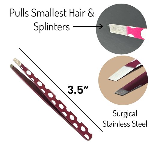 Polka Dot Tweezers Surgical Grade Stainless Steel - Slant Tip Professional Eyebrow Shaping Splinter Ingrown Facial Hair Removal Protective Case with Mirror - Ideal Tweezer for Men Women