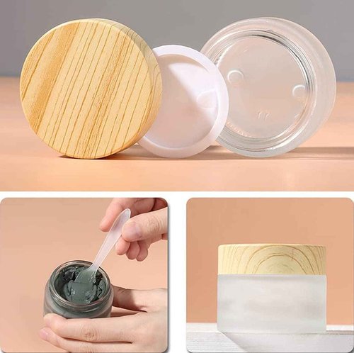 Healthcom 50 Gram/50 ml Empty Sample Jars Round Frosted Glass Bottle Cosmetic Cream Jar Wood Grain Lid Cosmetic Container Glass Cream Box Refillable Cream Pot Jars for Lip Balm Lotion Eyeshadow,4 Pack