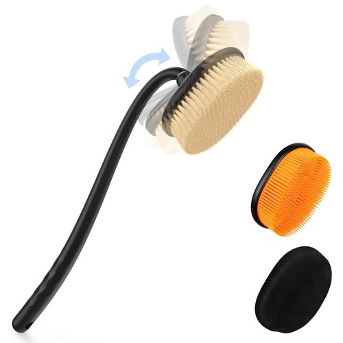 Flexible Up-Down Movement Back Scrubber for Shower for Men & Women, 3 Detachable Back Brush Heads Includes Silicone Body Scrubber, Sponge Bath Brush & Bristle Shower Brush, Wet/Dry Brush, Black