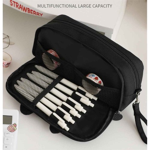 NIORYUZ Kitty Cat Pencil/Pen Pouch 4-Layers Extra Capacity Cosmetic Organizer Pen Brush Holder Mesh Pockets (4 Layers - Black)