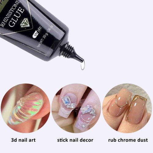 Fcozpjk 30ML Rhinestone Glue for Nails, 3D Nail Charms Gel Nail Glues Super Strong Bling Gel, Stick Nails Gems Jewel Caviar Beads Diamond Glue for Nails Professional Manicure Accessories